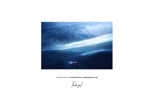 Front view of a vinyl record and cover mockup with marbled blue and white effect, featuring a dramatic ocean scene.