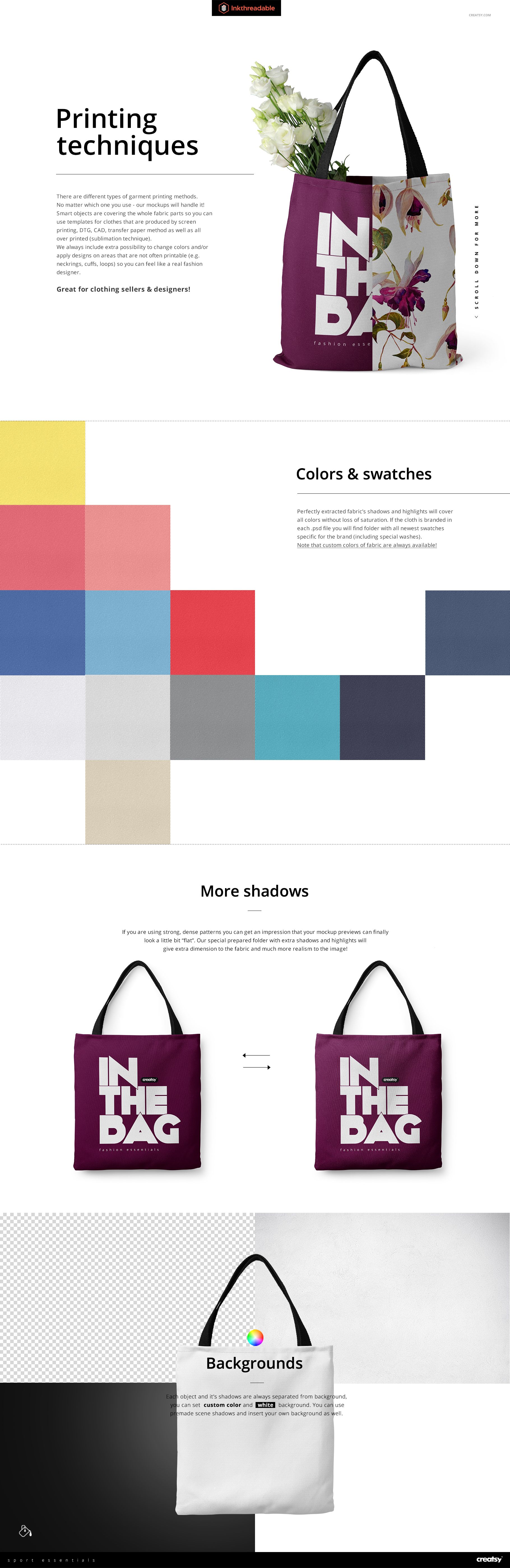 Front view of polyester tote bags mockup, featuring one with a purple and white design and floral accents, displayed upright.