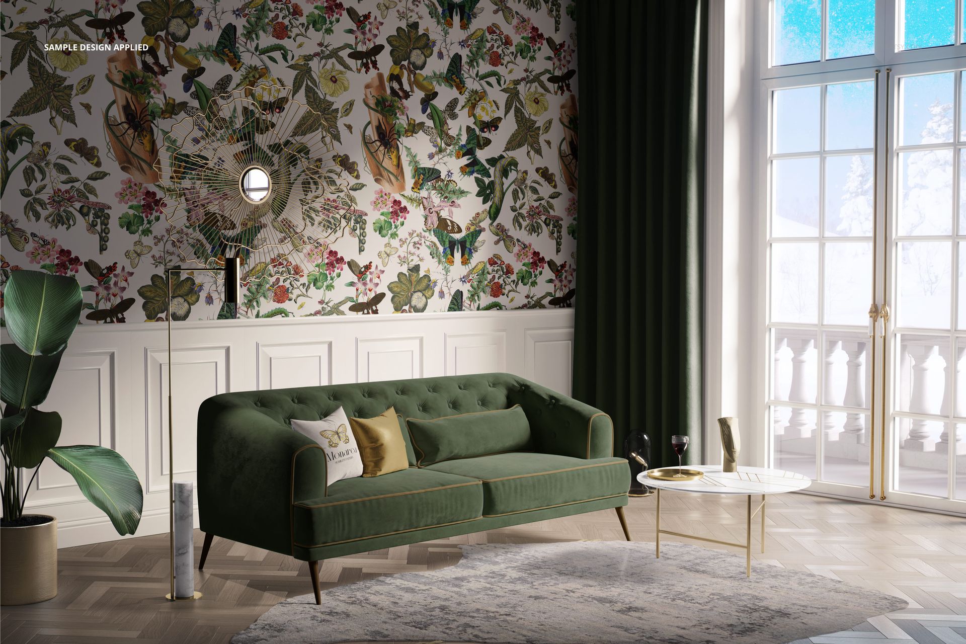 Retro living room mockup with green sofa, floral patterned wall, large window, and custom rug on wooden floor.