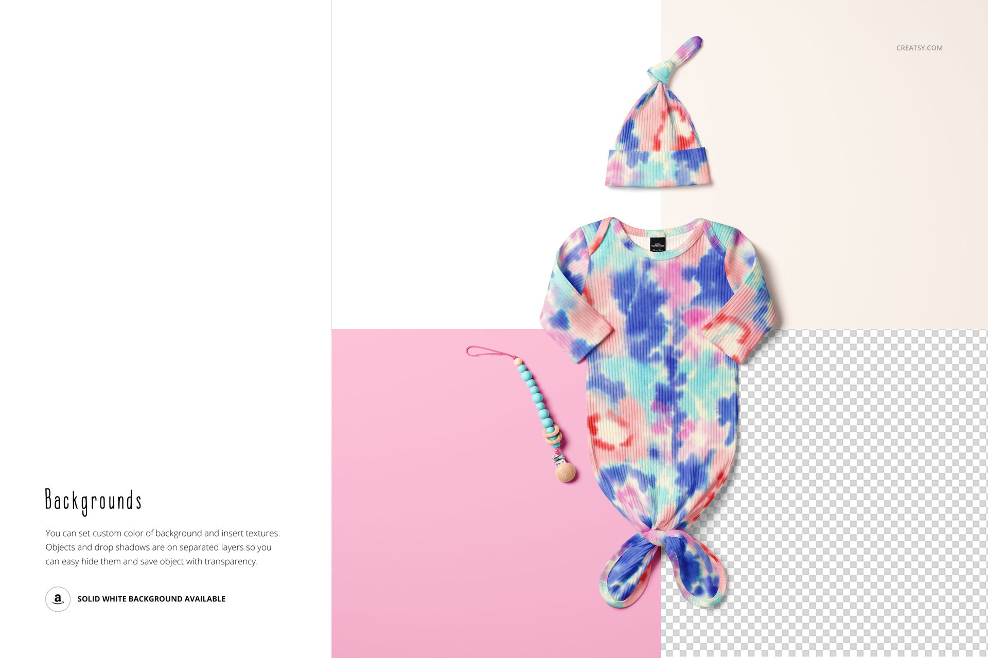 PSD mockup showing a ribbed baby gown with knotted bottom and hat, featuring vibrant pastel tie-dye design on layered backgrounds.