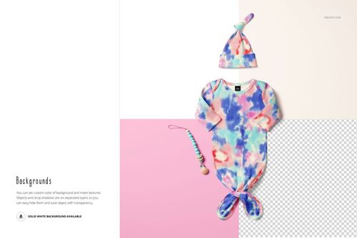PSD mockup showing a ribbed baby gown with knotted bottom and hat, featuring vibrant pastel tie-dye design on layered backgrounds.