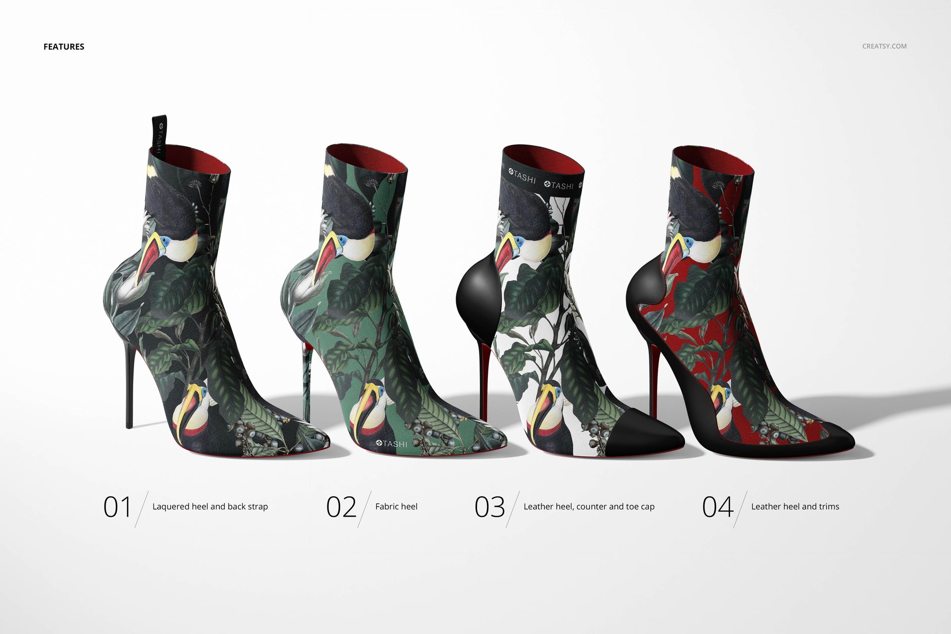 Set of four ankle boots with colorful bird and foliage designs, displayed side by side in a PSD mockup format.