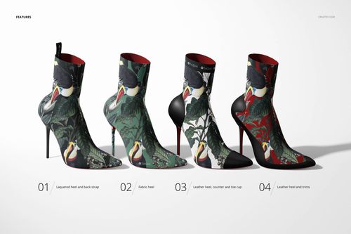 Set of four ankle boots with colorful bird and foliage designs, displayed side by side in a PSD mockup format.