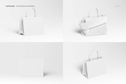 Canvas tote bag PSD mockup set featuring four white bags in assorted styles and perspectives on a clean backdrop.