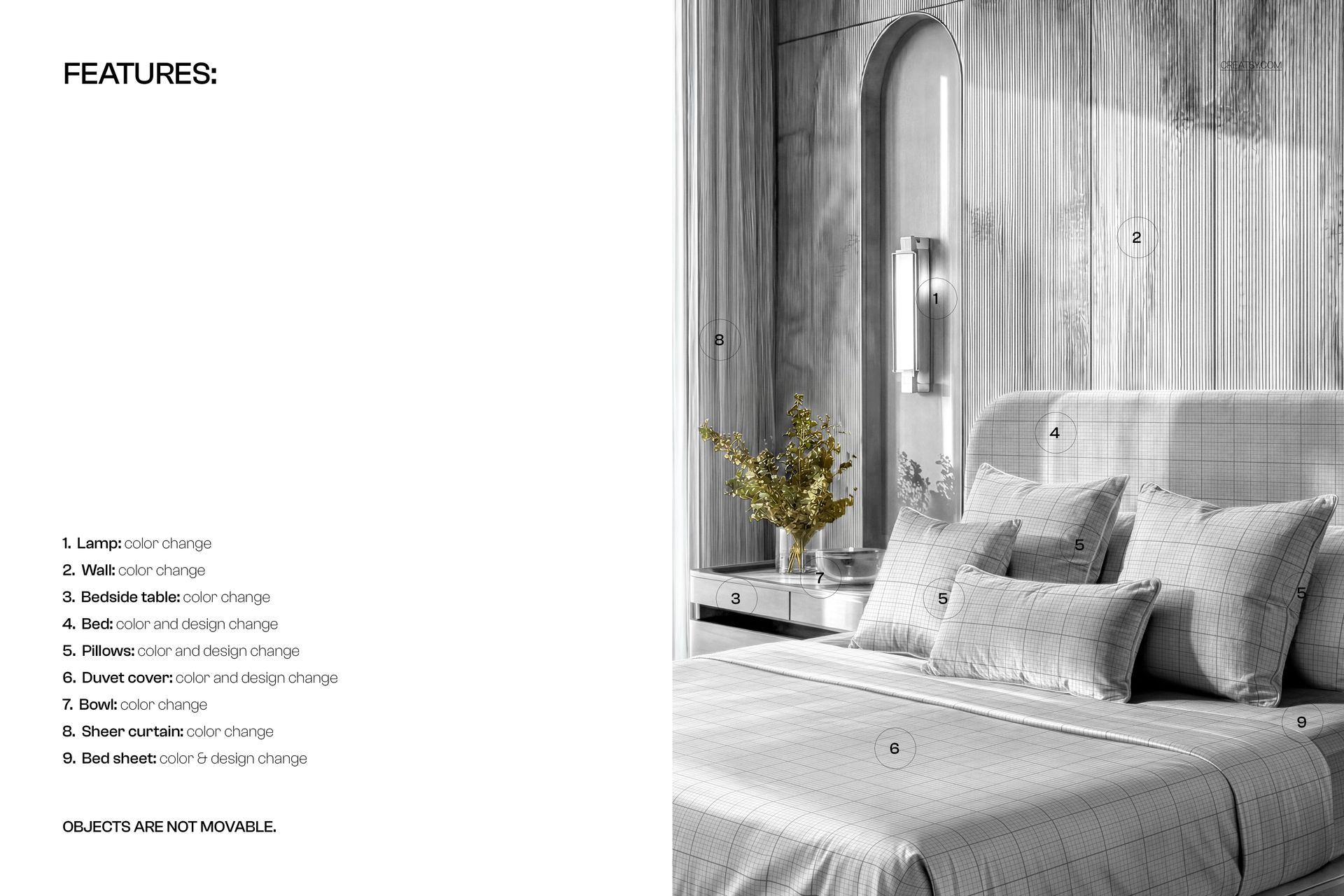 Front view of a bedroom with luxury satin bedding and velvet pillows in a checkered pattern, mockup scene.