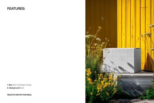 Rectangular shipping box mockup with grid pattern placed outdoors near yellow flowers and a yellow wall.