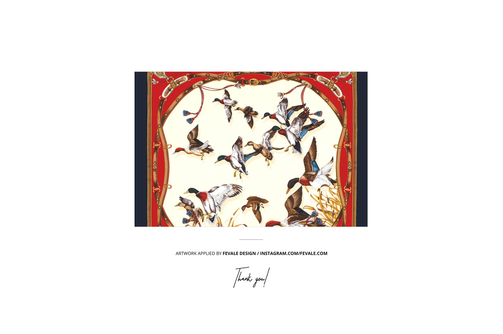 Mockup of silk textile featuring a flock of birds in flight, bordered in red and gold, shown from a front view.
