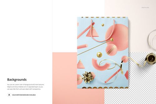 Paper bag mockup featuring soft pink, blue, and gold geometric shapes, with a metallic bow and rope handles.
