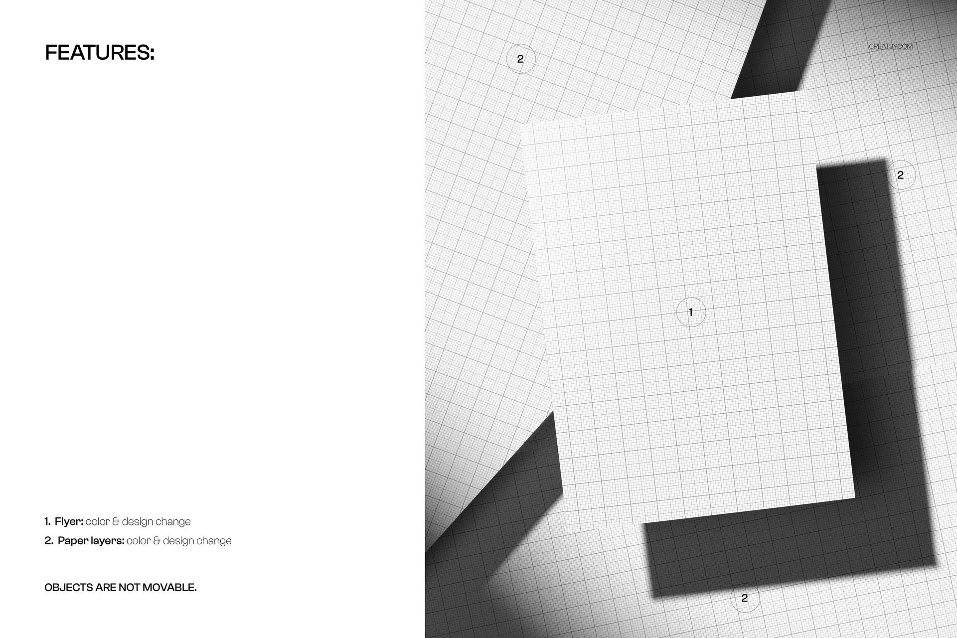Rectangular flyer mockup with a grid pattern, shown from a top view on a layered white background with shadows.
