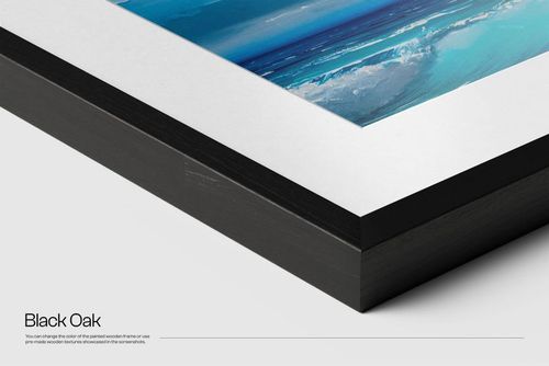 Close-up view of a solid wooden frame mockup featuring a black oak finish and a blue ocean-themed print.
