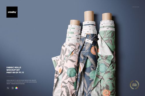 Fabric rolls mockup set showing floral and leaf motifs in muted colors, viewed from the front against a neutral backdrop.