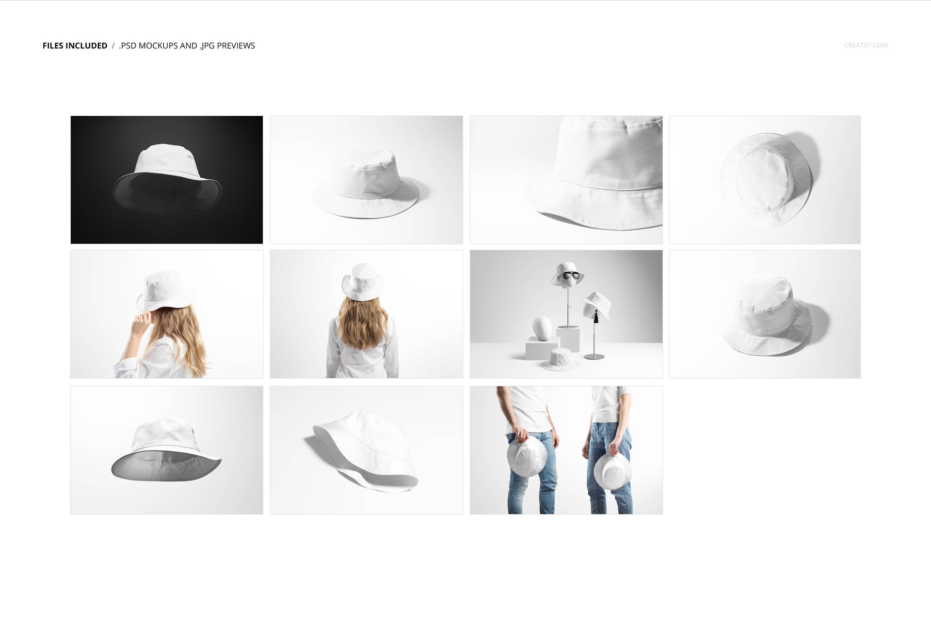 Set of reversible bucket hat mockup images showing white hats from various angles and perspectives on plain backgrounds.