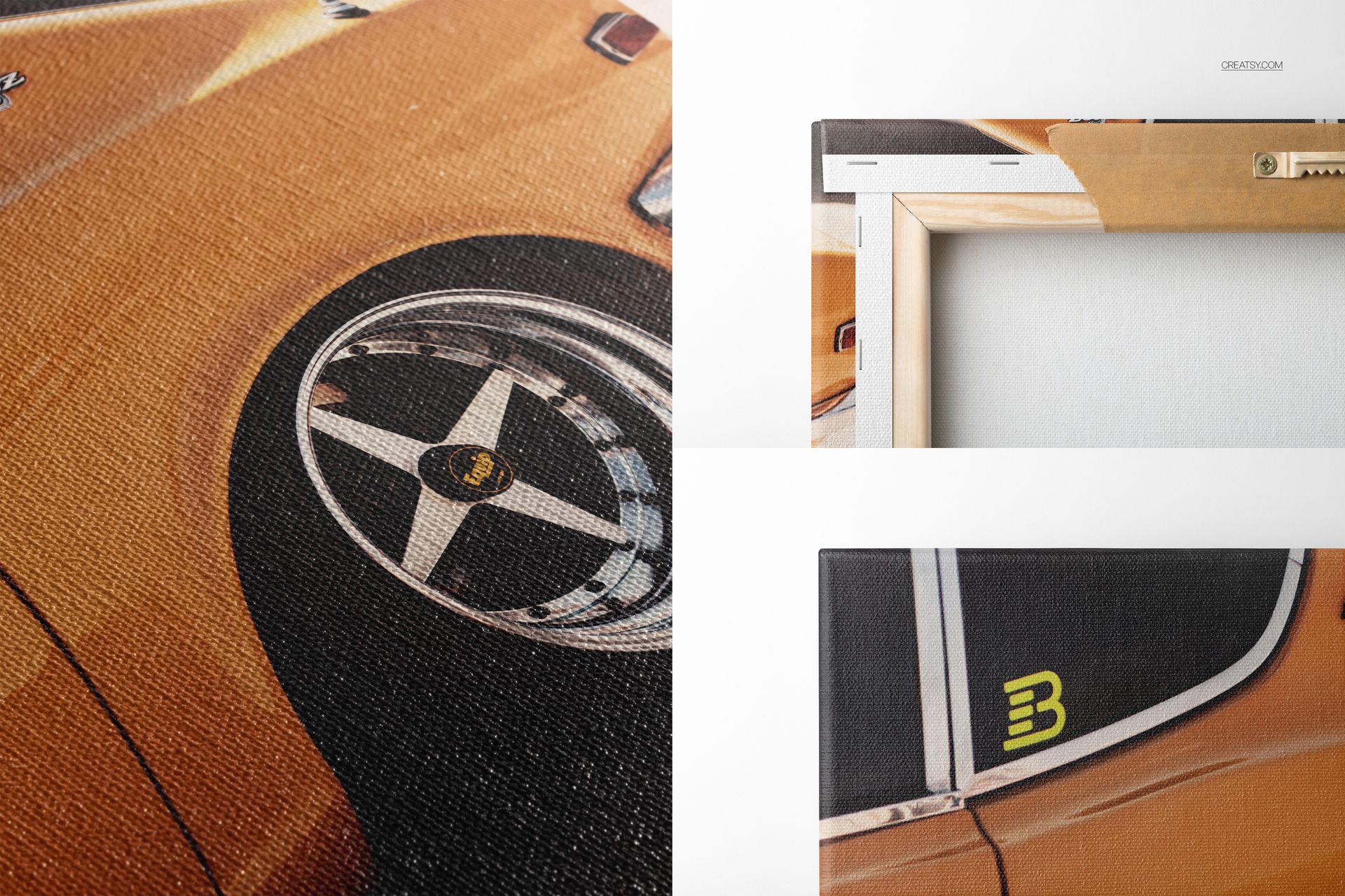 Canvas print mockup showing a zoomed-in section of a yellow car design, textured surface and wrapped edge details.