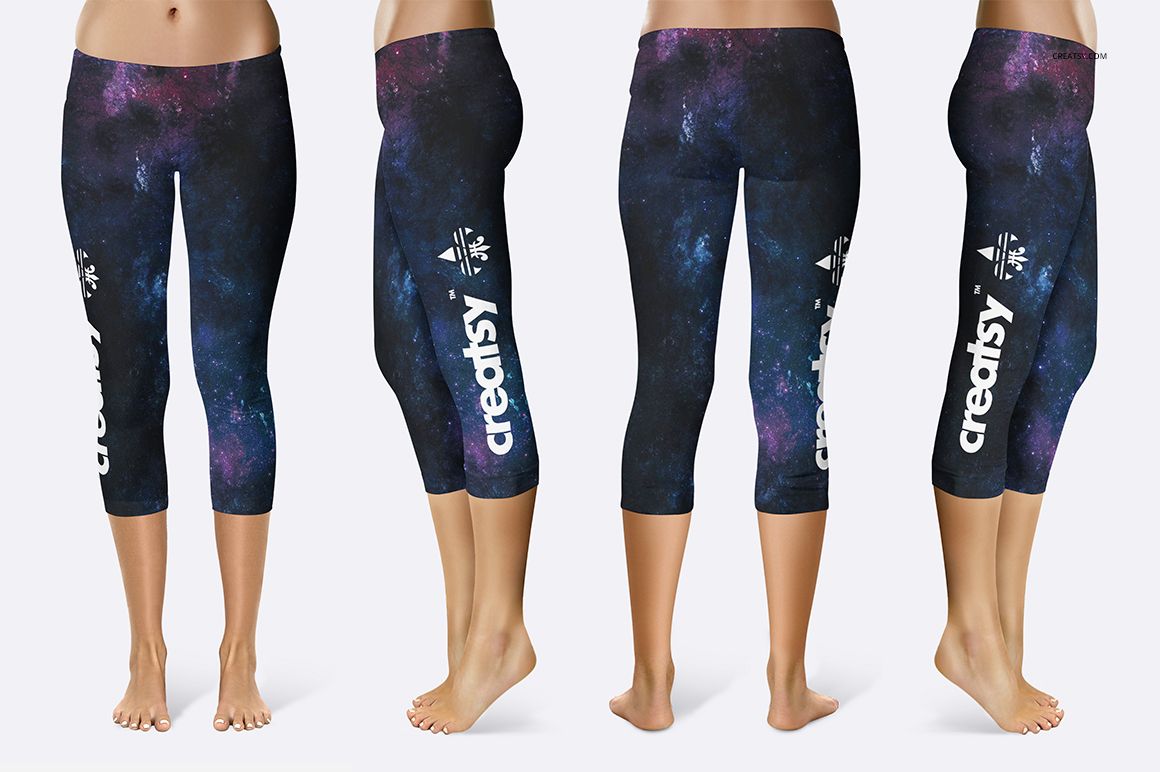 Short leggings mockup showing four views of galaxy-patterned adult apparel on a white background.
