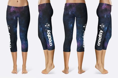 Short leggings mockup showing four views of galaxy-patterned adult apparel on a white background.