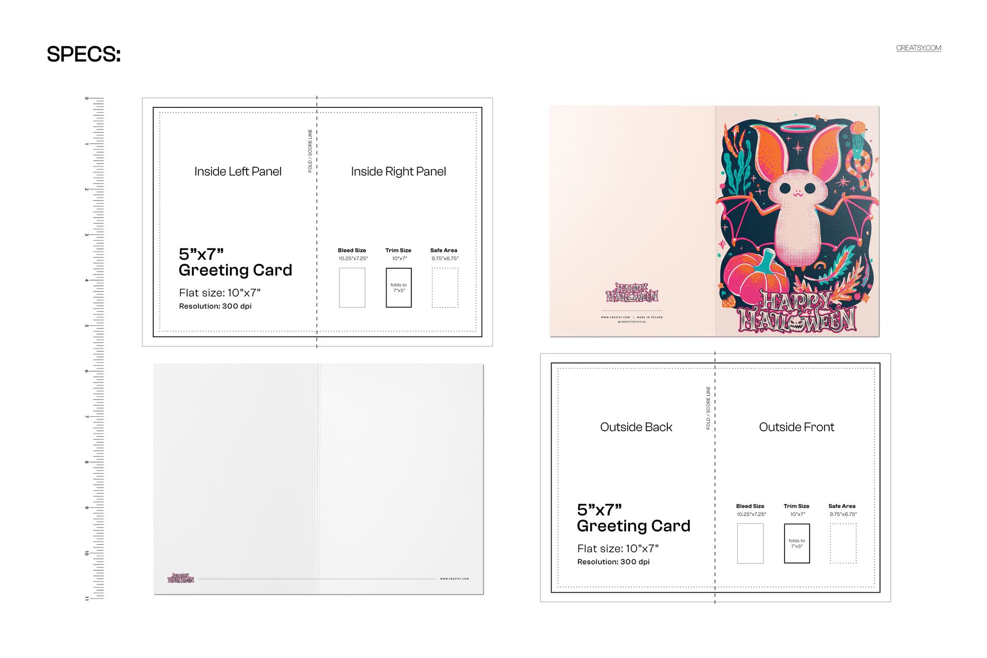Front view of a 5x7 greeting card mockup featuring a vintage Halloween design with a white bat and colorful elements.