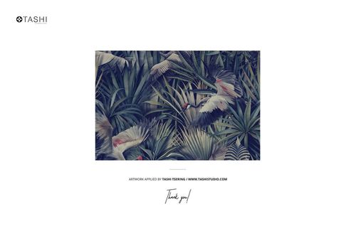 Front view of a modern sofa mockup with a tropical leaf and crane bird pattern, set against a plain white background.