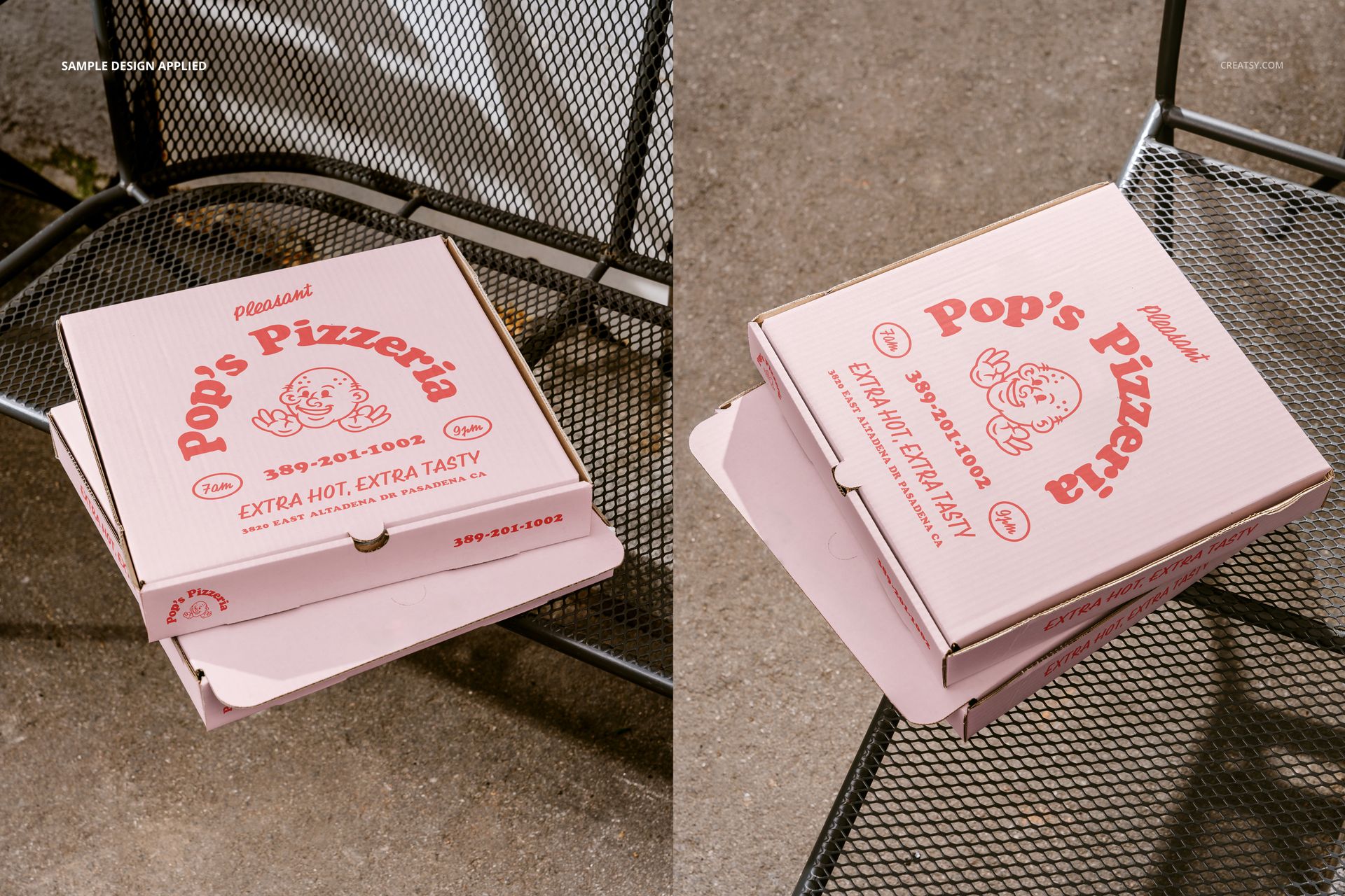 Pink pizza box mockup with red design placed on a mesh chair outside, featuring both top and perspective views.