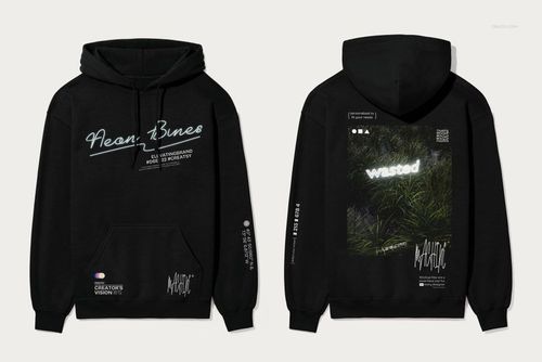 Black adult hoodie mockup showing both front and back views, featuring neon text and graphic designs on each side.