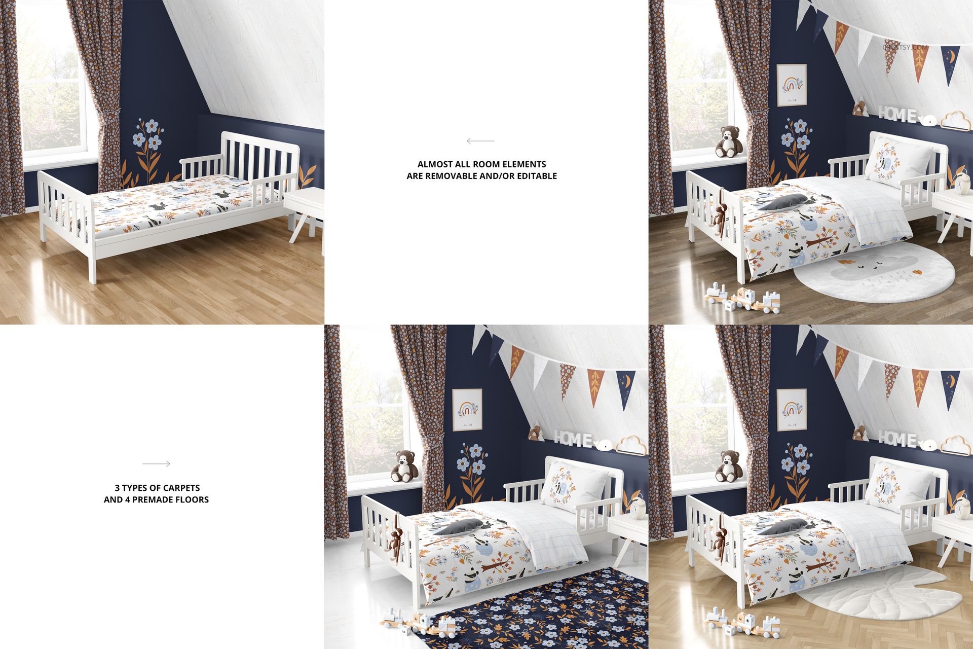Toddler bedding mockup showing a white bed with patterned duvet and pillow in a cozy room with blue walls and curtains.