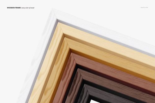 PSD mockup set featuring a corner arrangement of deep wooden frames in light, medium, and dark finishes.