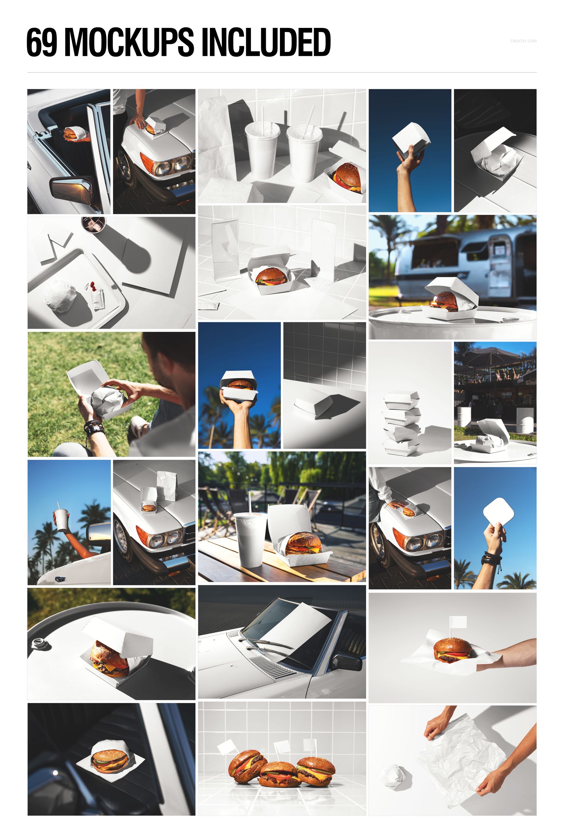 Collage of fast food restaurant mockups featuring burger boxes, paper cups, trays, and outdoor dining scenes.
