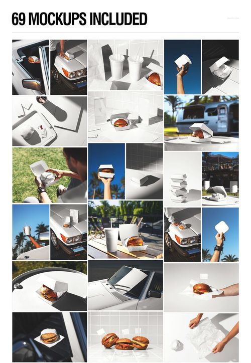 Collage of fast food restaurant mockups featuring burger boxes, paper cups, trays, and outdoor dining scenes.