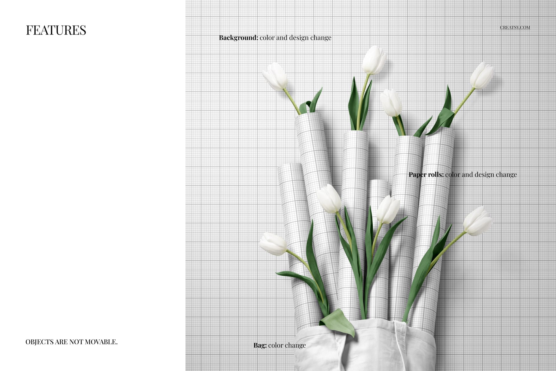 PSD mockup showing a white tote bag filled with grid-patterned wrapping paper rolls and fresh white tulips.