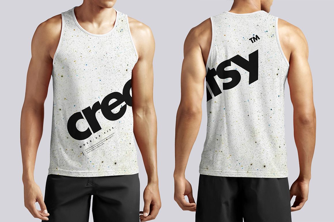 Men’s tank top mockup showing front and back views, with a white base and black graphic text design.