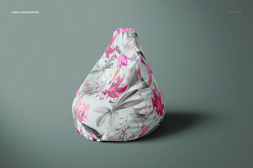 All-over print bean bag chair mockup featuring pink and gray botanical patterns, displayed on a neutral surface.