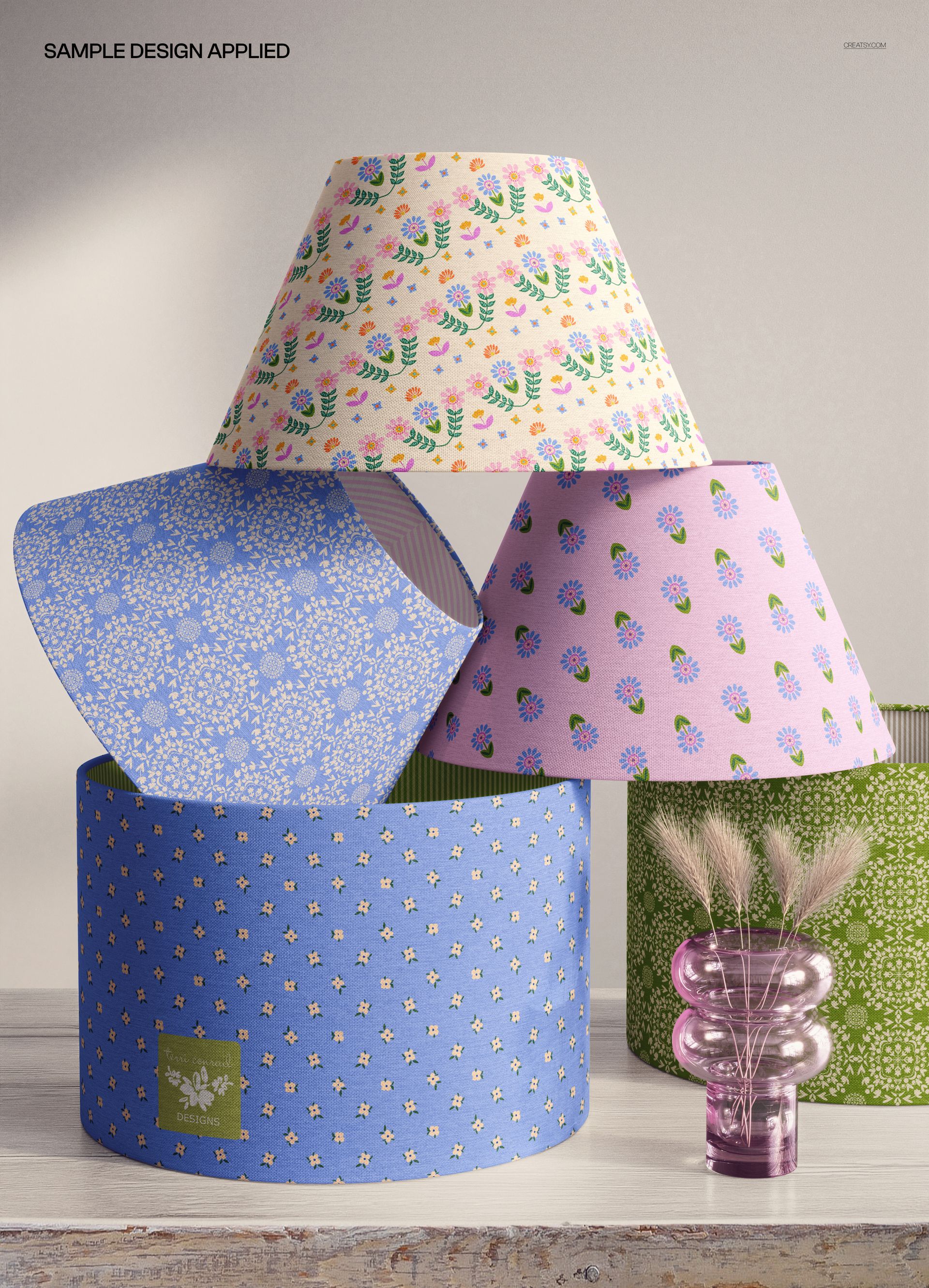 PSD mockup of lampshades in various pastel colors and patterns, displayed in a home interior setting with decor.