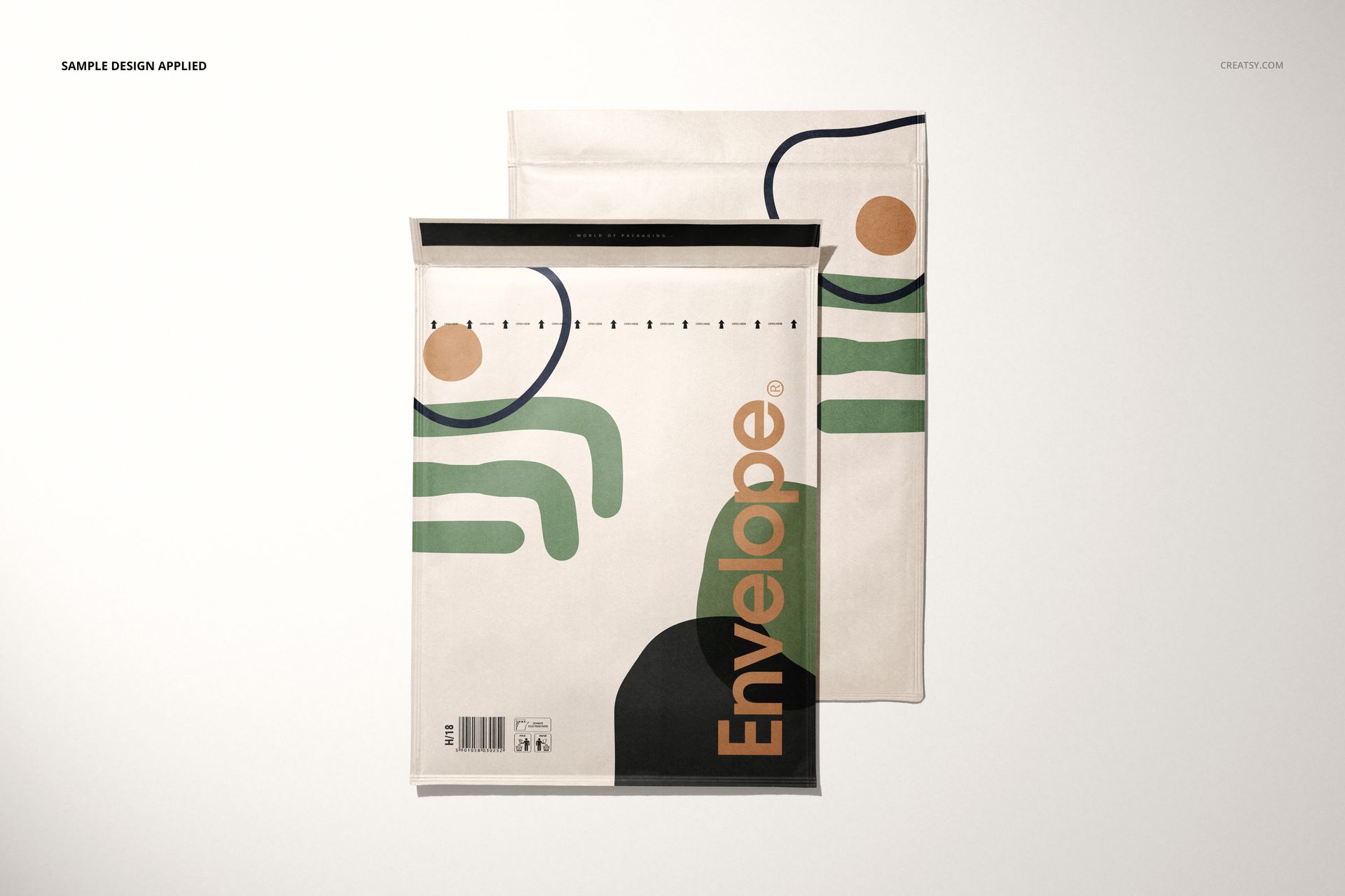 Kraft bubble mailer mockup featuring a geometric pattern in green, orange, and black, shown from above.