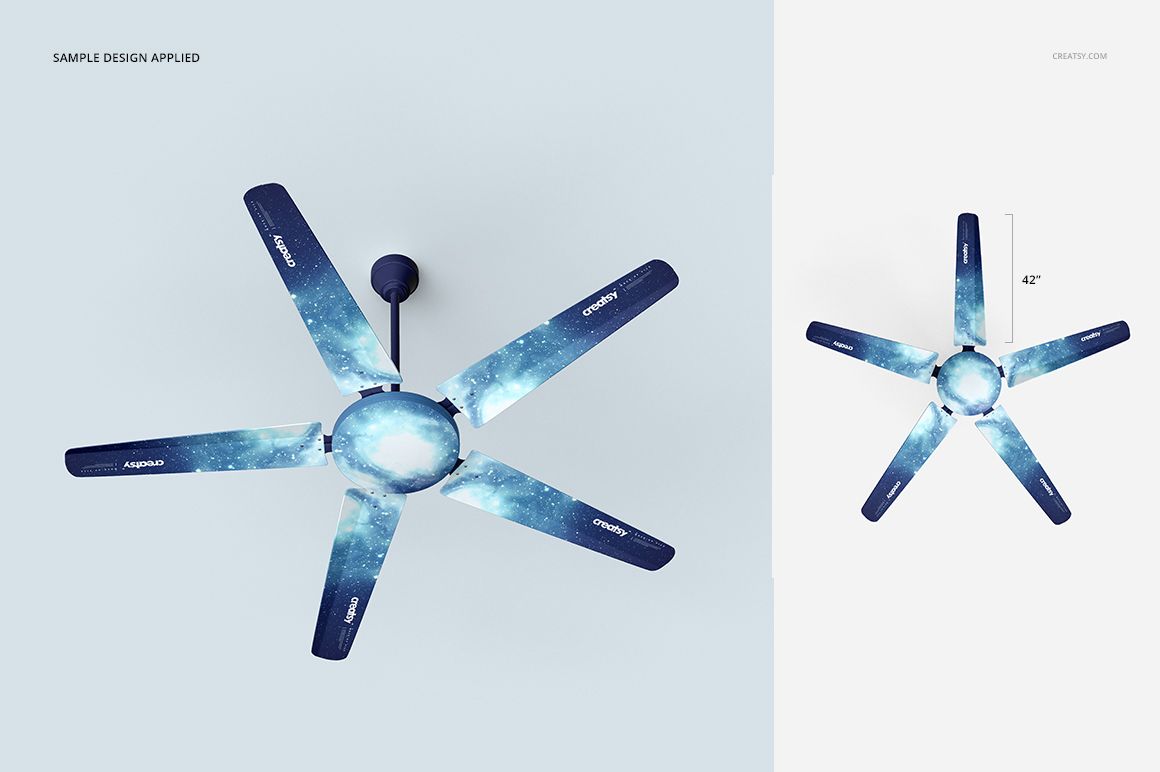 Mockup of a five-blade ceiling fan displaying a cosmic blue design, presented from a direct underside perspective.
