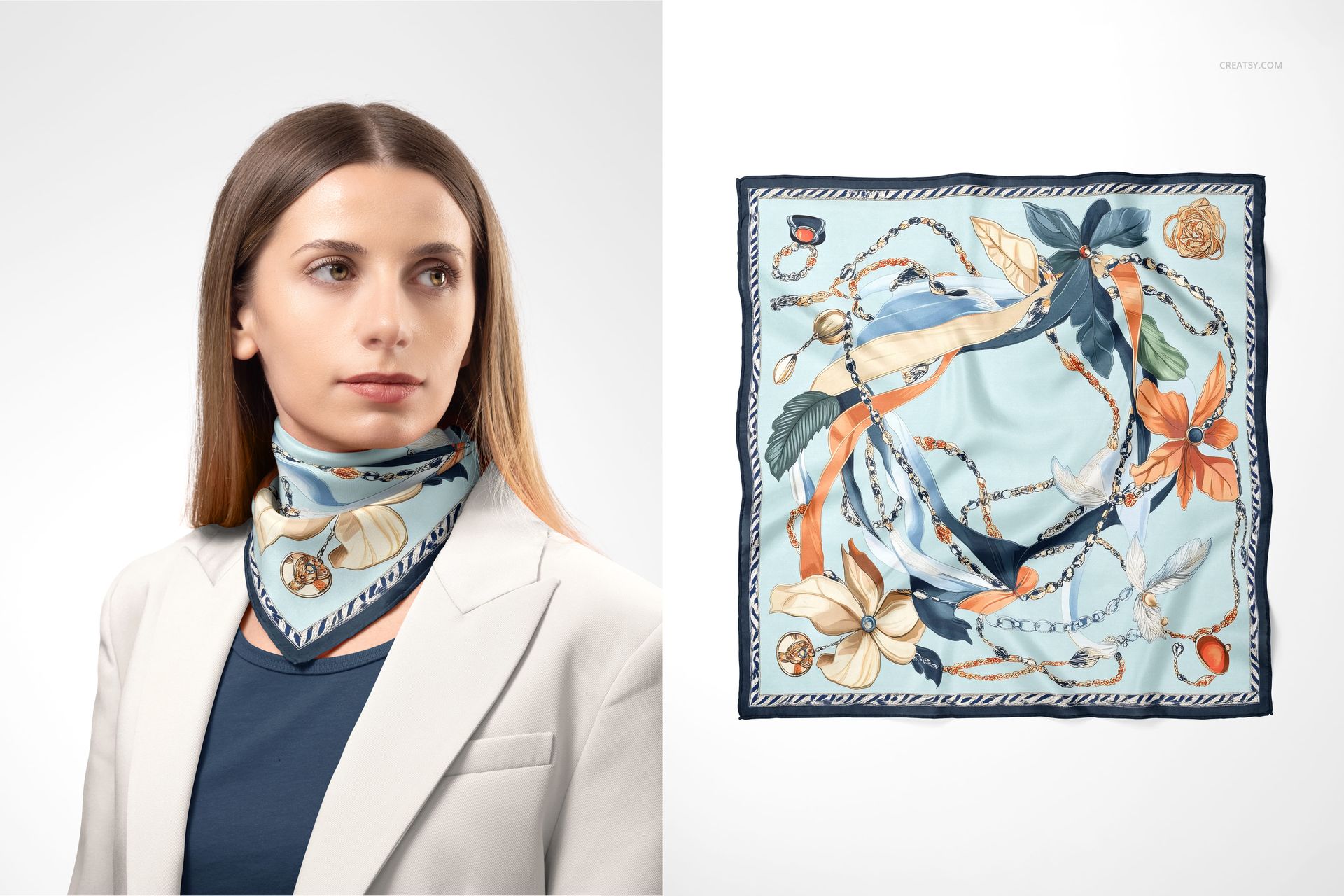 Square silk scarf mockup with blue border and floral design, displayed both worn and flat against a white background.