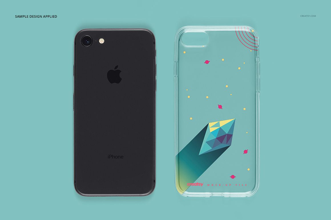 Front view of a black iPhone 8 next to a clear case mockup with geometric and colorful abstract design on blue background.