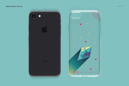 Front view of a black iPhone 8 next to a clear case mockup with geometric and colorful abstract design on blue background.