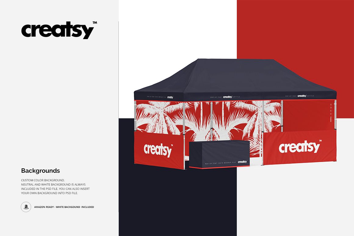 Rectangular pop-up tent mockup with dark top and bold red, white, and navy side panels, palm tree design visible.