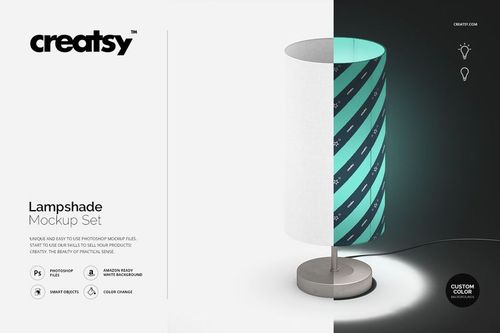 Modern cylindrical lampshade with diagonal teal and black stripes, shown on a metallic base in a front view mockup.