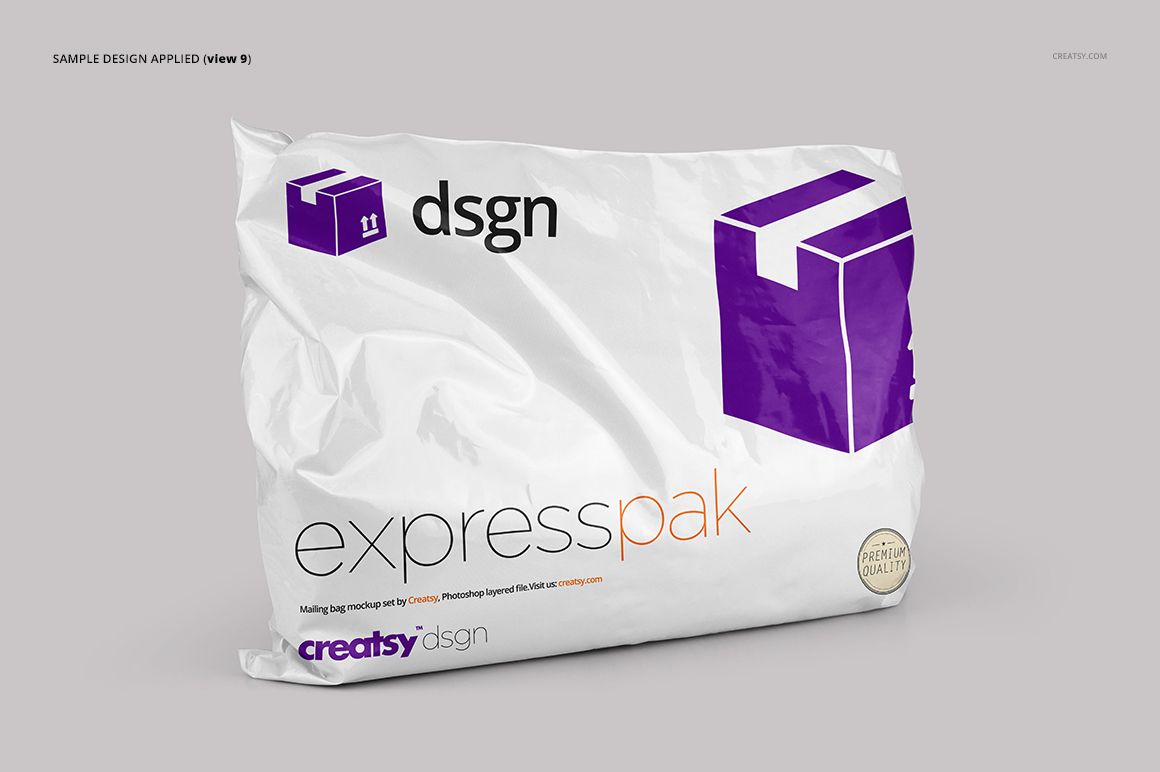 White packaging bag mockup featuring purple shipping icons and bold black lettering, shown from the front angle.