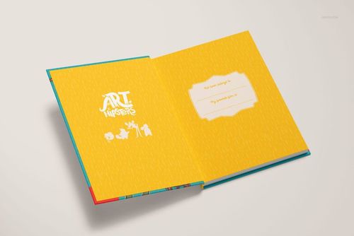 Open hardcover book mockup with textured yellow pages and white printed elements, viewed from an angled perspective.
