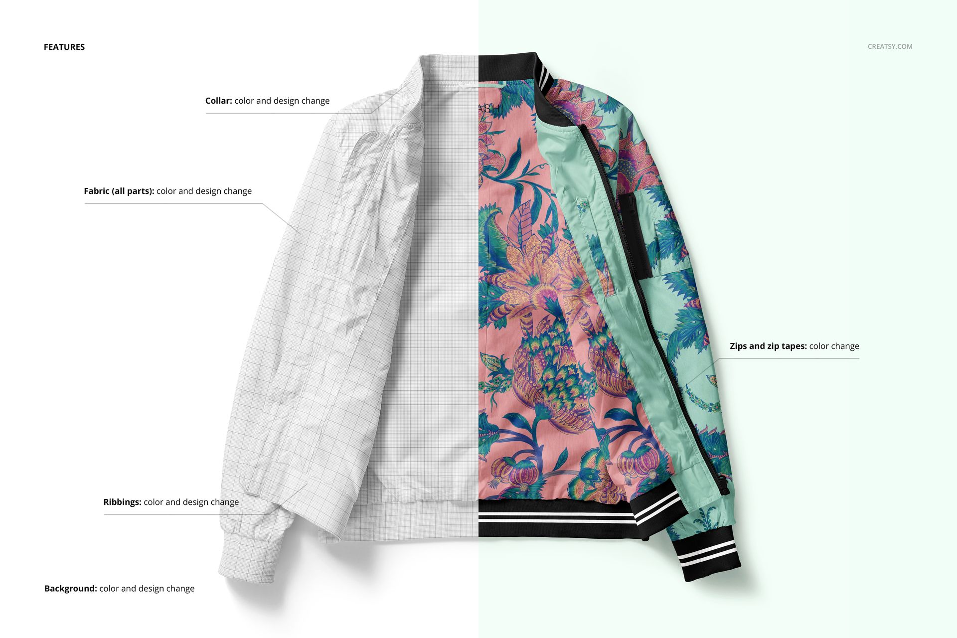 Men's bomber jacket mockup shown in split view, with left side in grayscale grid and right side featuring a colorful tropical pattern.
