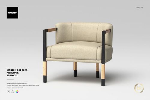 Modern armchair with beige upholstery, black and wood legs, shown from a front angle on a light background.