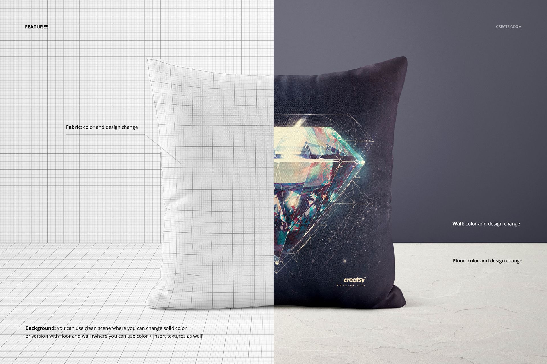 Front view of a square throw pillow mockup, split between a blank white side and a dark side with a geometric diamond design.