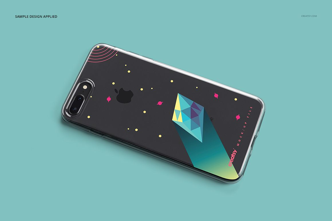 Clear case for iPhone 8 Plus with geometric and colorful design, displayed on a turquoise background in a PSD mockup.