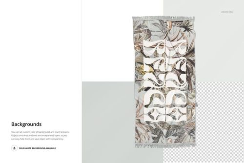 Fringed beach towel with abstract white pattern and botanical background, displayed in a top view mockup scene.