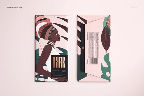Front and back view of a chocolate bar packaging mockup with abstract illustration and earthy tones on a light surface.