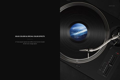 PSD mockup displaying a DJ turntable with a black vinyl record and a close-up of the tonearm and cover artwork.