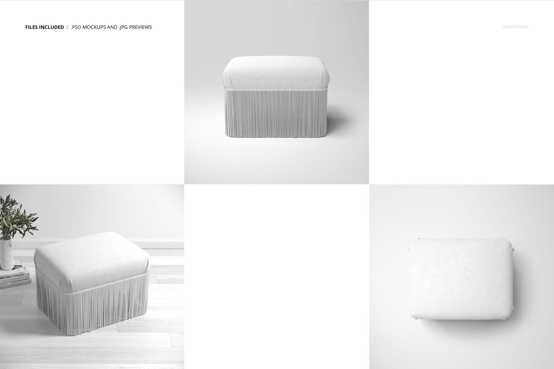 Velvet stool with bullion fringe shown in three perspectives, including studio and living room mockup scenes.