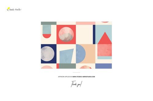 Rectangular scarf mockup featuring abstract geometric shapes in pastel blue, red, beige, and navy colors, front view.