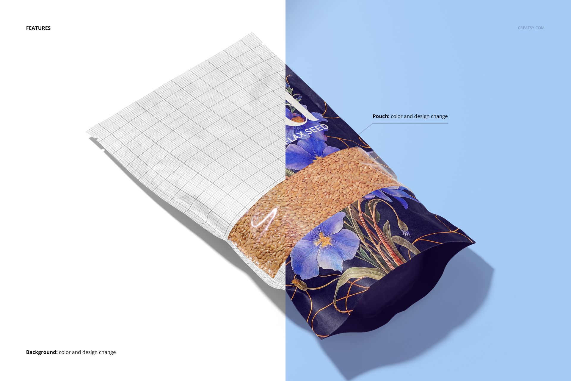 Front view of a paper pouch mockup with golden flax seeds, half shown with a floral design and half in grid template.